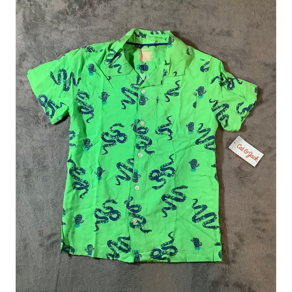 Cat & Jack Boys Size M 8 Green Snake Cacti Print Rayon Camp Shirt NWT